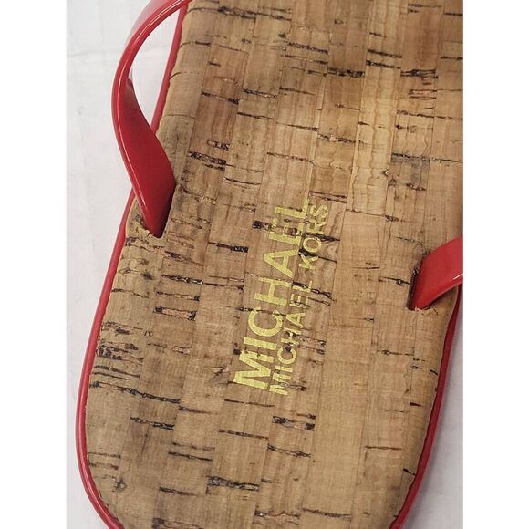 Michael Kors Jelly Flip Flop Sandals W/ MK Logo Charm & Cork Footbed SZ 6 RED - Picture 3 of 5